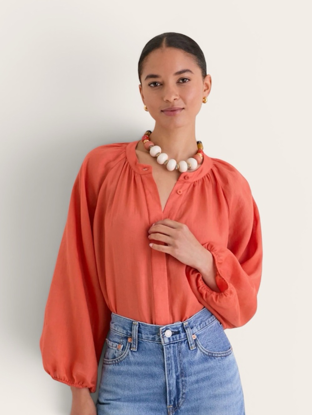 Anthropologie Current Air Split-Neck Long-Sleeve Satin Blouse in Terracotta